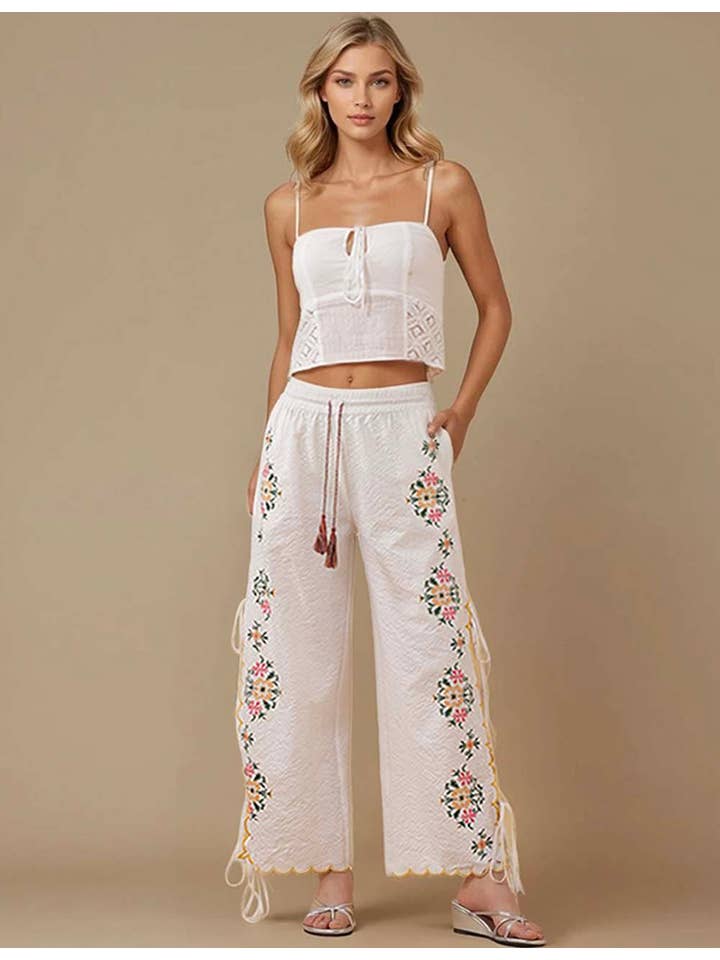 White Ladies Elastic Waist String Tie Floral Embroidery Pants for wholesale on Faire3
