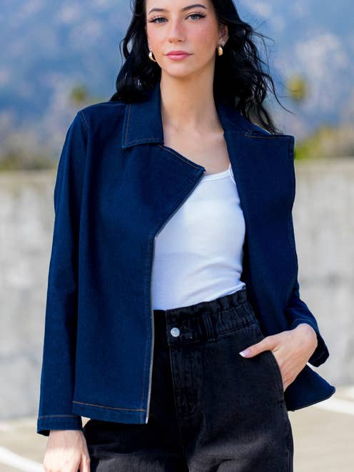 Giacca moto in denim blu scuro per la vendita all'ingrosso da parte di Urban Diction