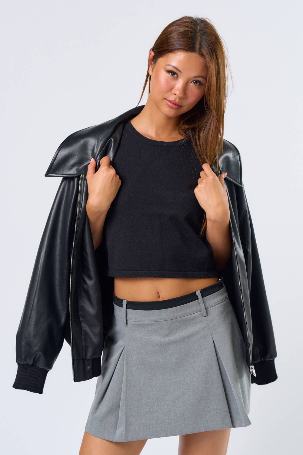 Black IBT31859 Zip-Up PU Leather Jacket for wholesale on Faire6