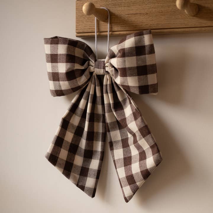Hudson Home - Wholesale Ornament - Cream and Brown Gingham Hanging Bow