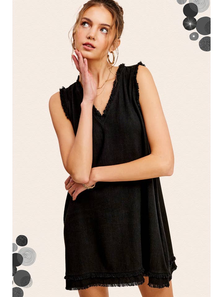 La Miel - Vendita all'ingrosso Vestito - Donna - Abito mini La Miel in tessuto morbido con bordo tagliato e orlo sfrangiato a V12