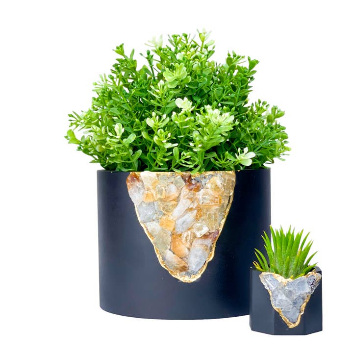 Großer Citrin-Blumentopf mit Geoden-Design, Kristall-Blumentopf, schwarz für den Großhandel von Planters Made in the USA