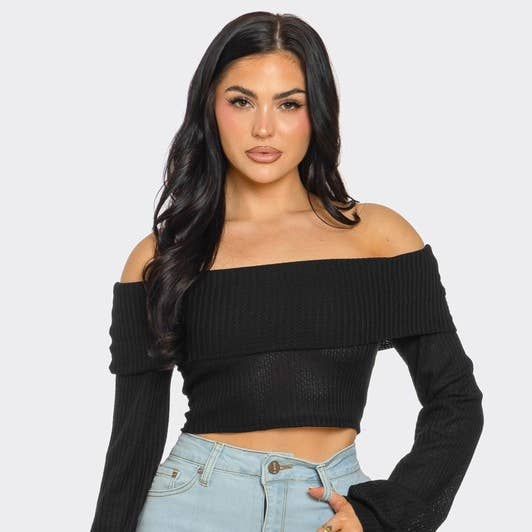 Langarm-Umlegekragen-Schulterfreies Crop-Top mit Print für den Großhandel von SEXY STAR DESIGN INC