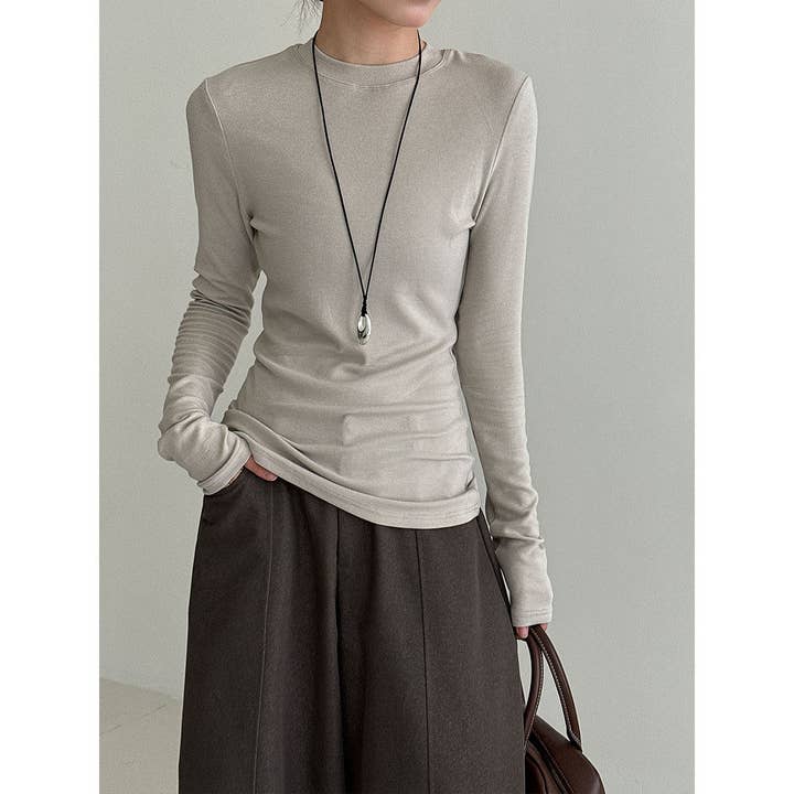 Women's Slim Fit Solid Color Round Neck Long Sleeve T-Shirt for wholesale by Ekartini