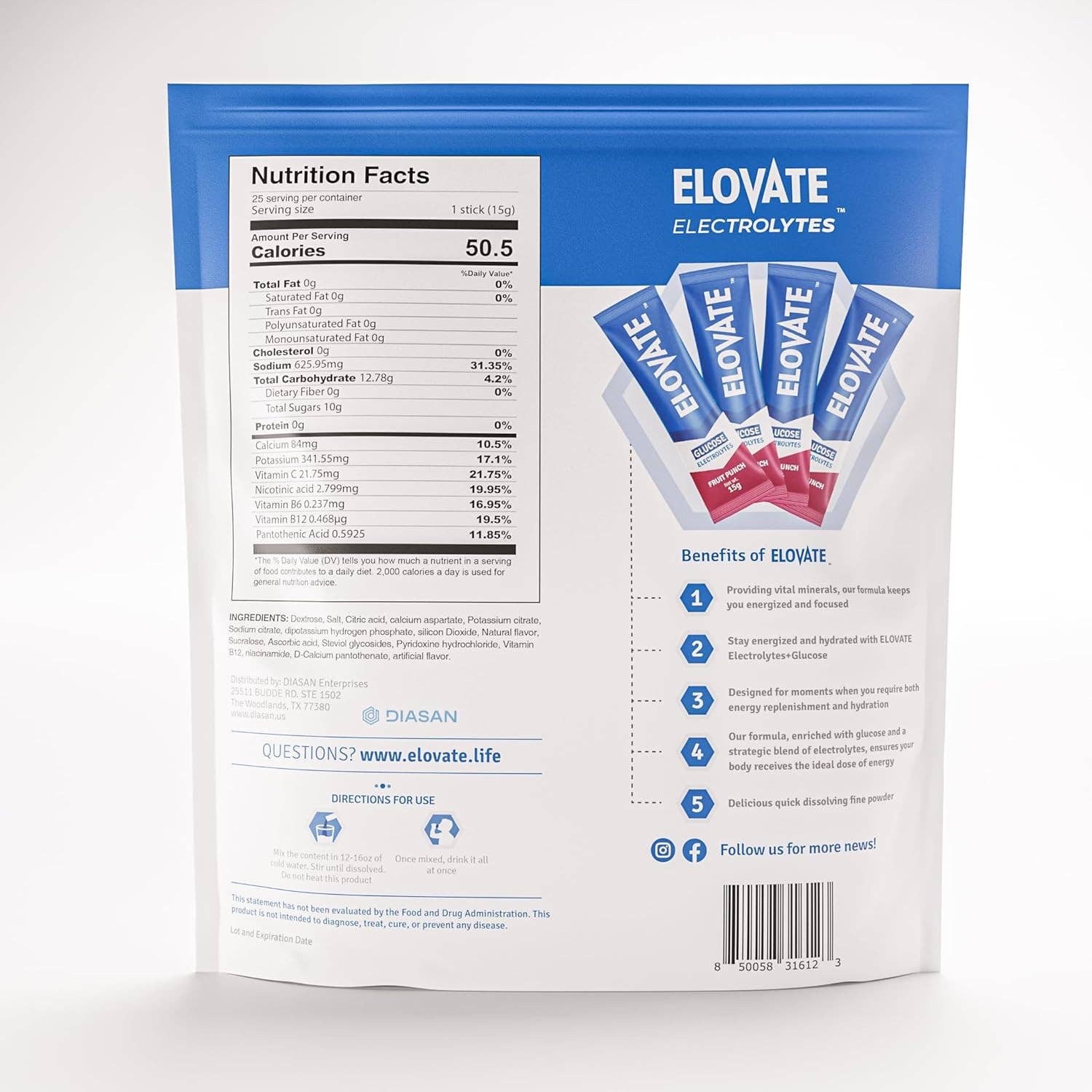 ELOVATE - Wholesale Powdered Health Drink - Elovate 15 - Electrolyte Drink Mix with 10g Glucose - Hydrating Electrolyte Powder Packets for Energy, Rapid Rehydration, Workout Recovery, Dehydration Relief, Fitness & Active Lifestyles - Premium Drink for Daily Hydration (Fruit Punch, Pack of 25)8