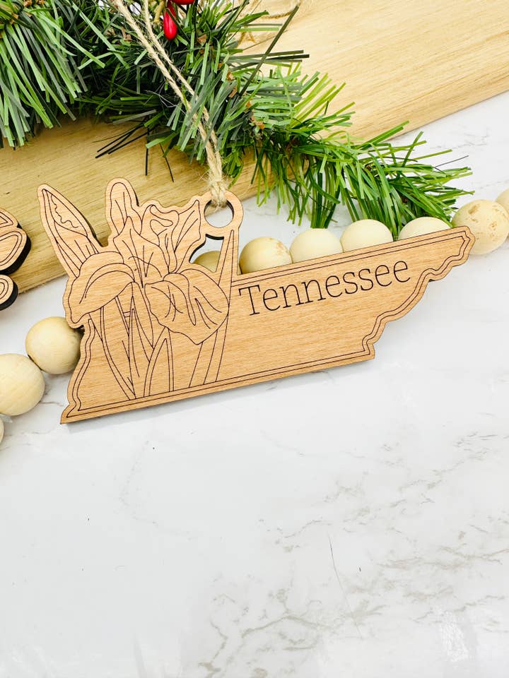 Wood State Flower Ornaments, All 50 States Available for wholesale by Falcon Ridge Designs LLC