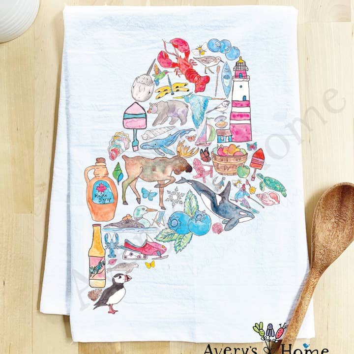 Maine State Icons Lobster Coastal Customizable Tea Towel for wholesale by Avery's Home