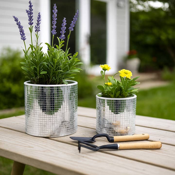 Sagebrook Home - Wholesale Plant Pot - Planters Set of 2 - Silver Ceramic Disco Mirror, 6/7 in.1