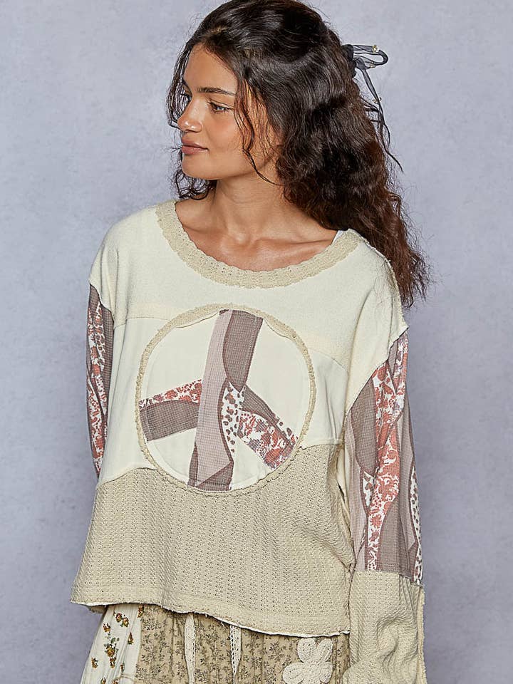 Pol Clothing - Wholesale Knit Top - Women's - Round neck long sleeve cut sew peace emblem knit top