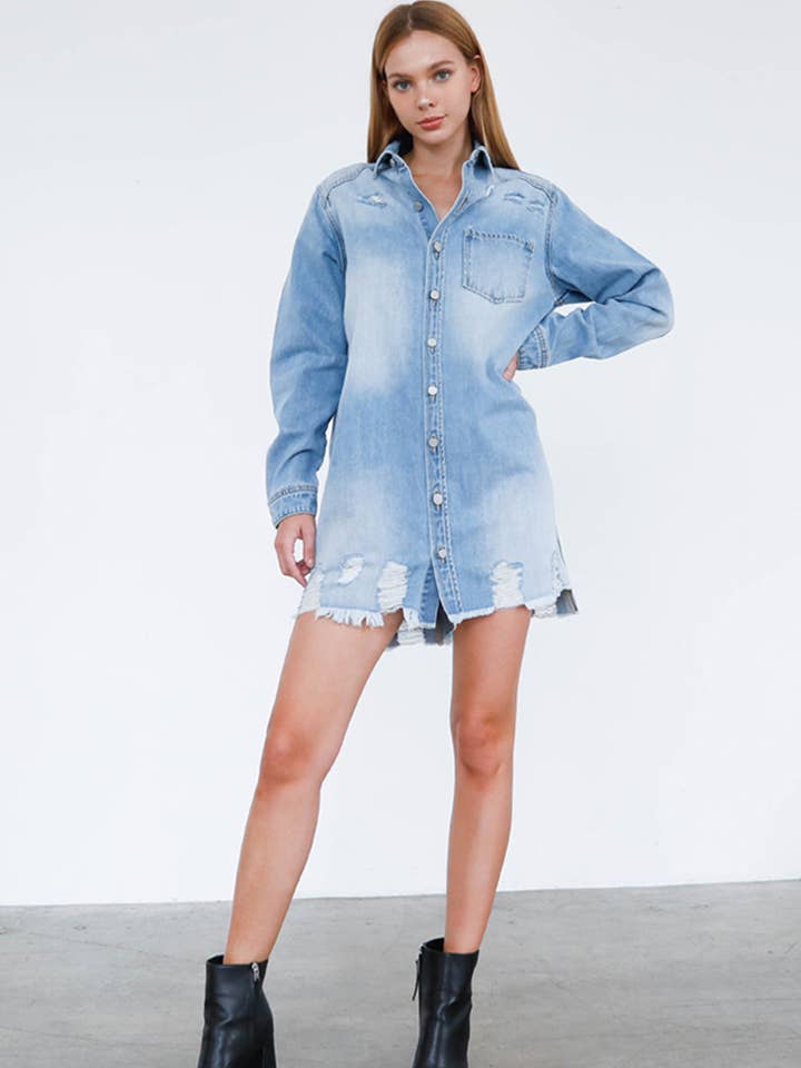 Insane Gene USA - Wholesale Jumpsuit - Women's - Ripped Raw Trim Denim Shirt Dress0