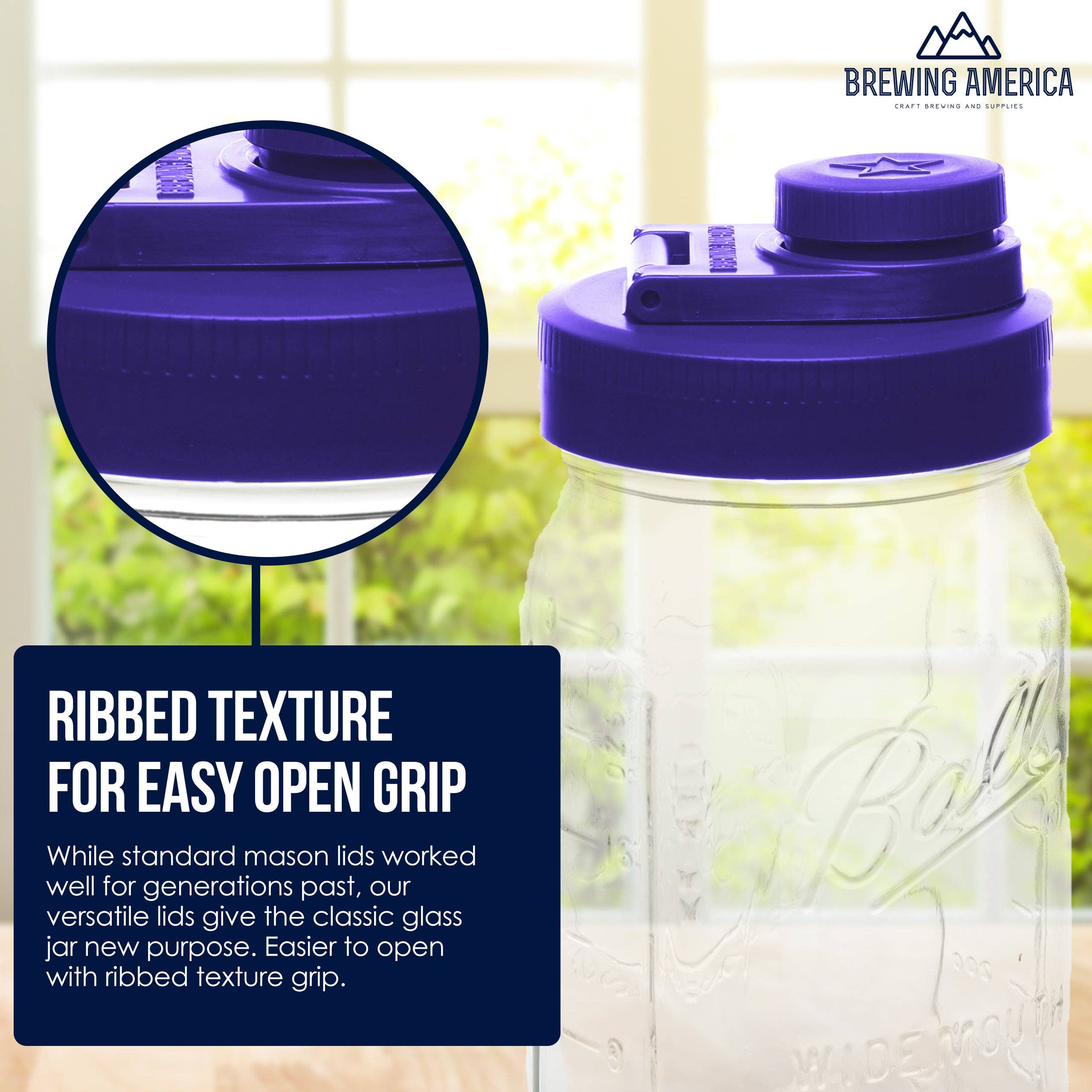 Brewing America - Wholesale Pitcher - Glass Mason Jar Pitcher with Pour Lid - Azure Standard Jar, 2 Quart (64 oz) Wide Mouth, Violet Purple 1-Pack2