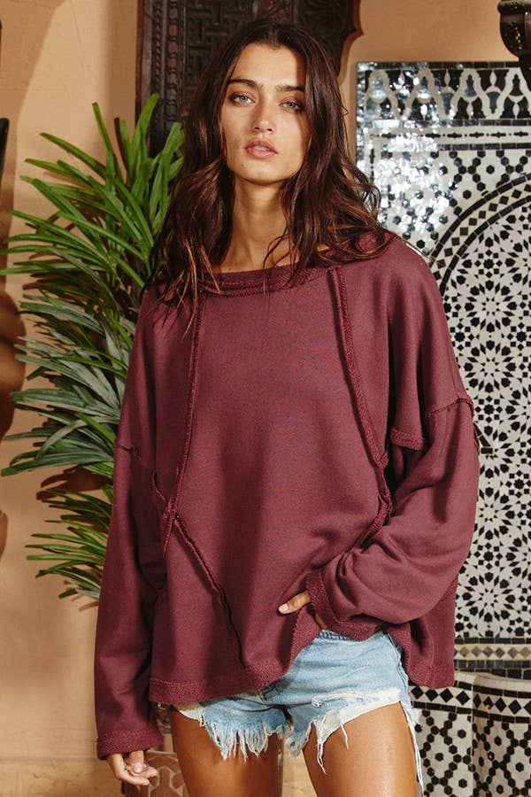 BUCKETLIST INC - Wholesale Sweatshirt - Women's - T1153-1 Oversized Solid Raw Edge Detail Long Sleeves Top8
