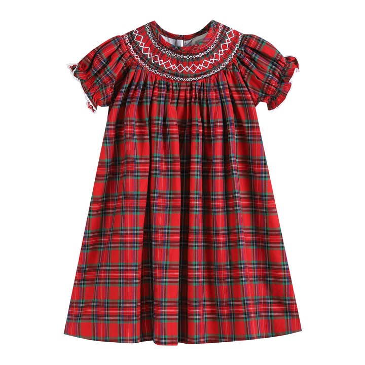 Red Christmas Plaid Smocked Bishop Dress for wholesale by Lil Cactus