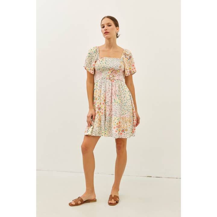 FLOWY RAYON GAUZE SMOCKED DITSY FLORAL MINI DRESS for wholesale on Faire