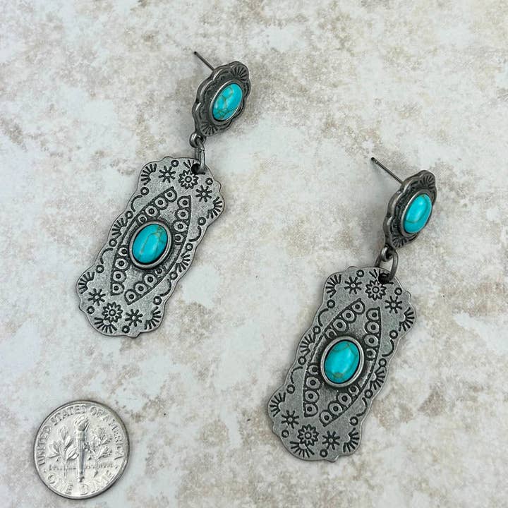 ERZ230405-11 Brincos de metal prateado com pedra azul turquesa por atacado de Western Elite Jewelry