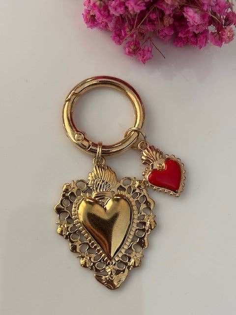 Miss DJ Angel - Wholesale Keychain - Women's - Ex-voto sacred heart charms, ex-voto bag charms, sacred heart charms gift for women, golden and red heart charms.2