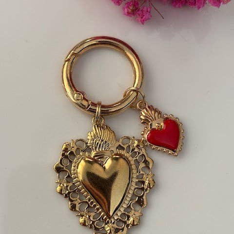 Miss DJ Angel - Wholesale Keychain - Women's - Ex-voto sacred heart charms, ex-voto bag charms, sacred heart charms gift for women, golden and red heart charms.2