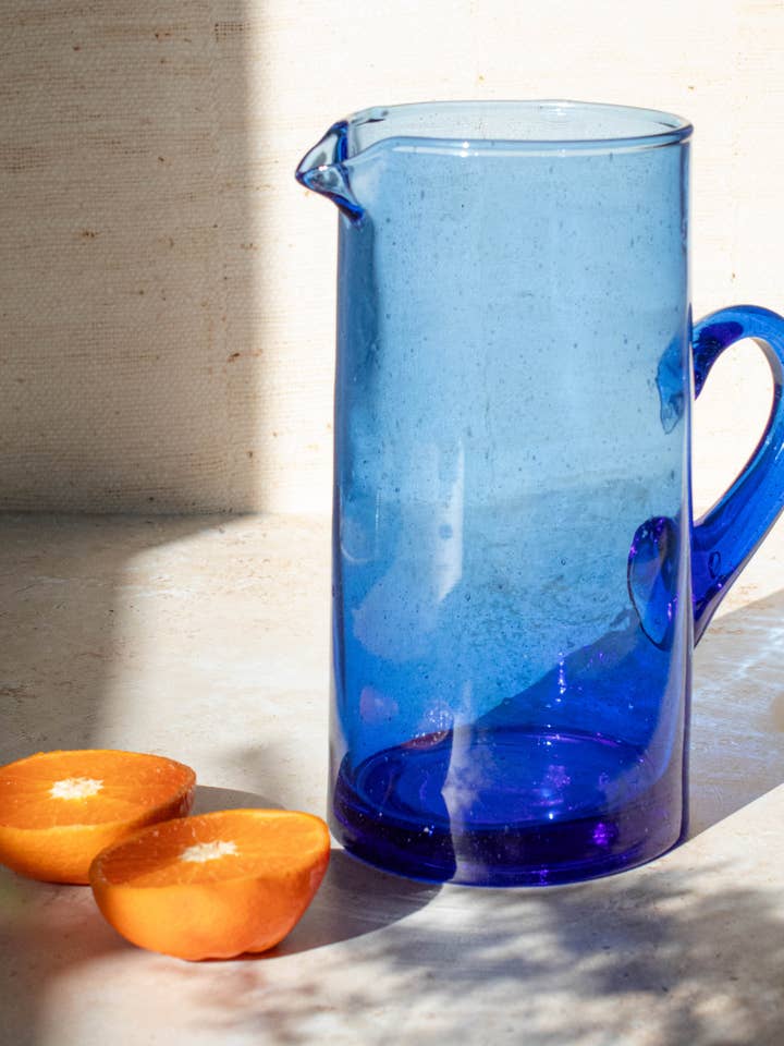 Recycled Moroccan Glass Beldi Water Jug - Blue for wholesale by Maison Berber