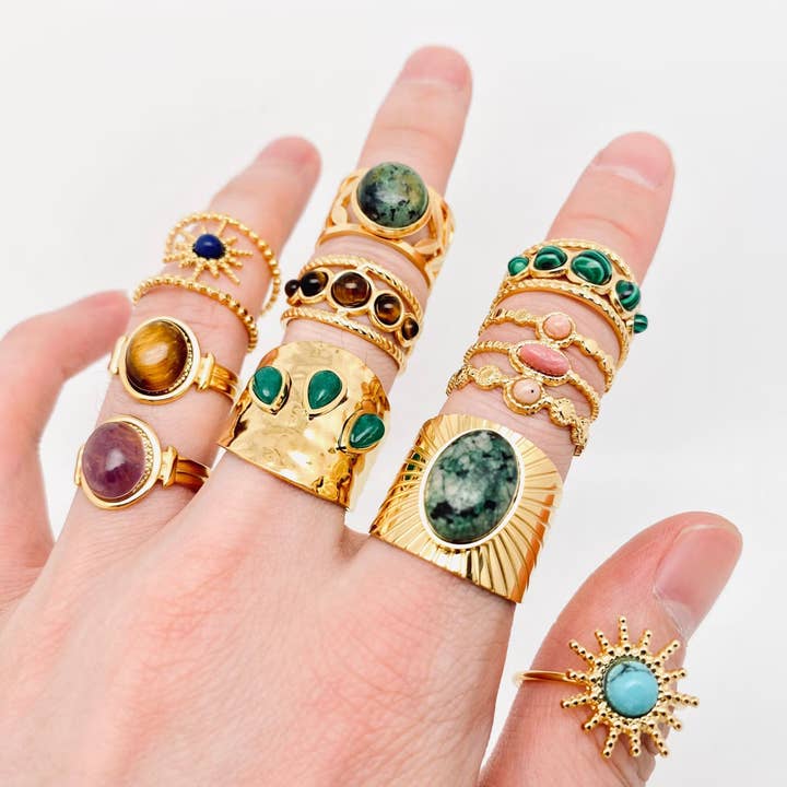 Mio Queena - Wholesale Cocktail/Statement Ring - 18K Gold-plated Stainless Steel Inlaid Stone Rings - FGS/CS