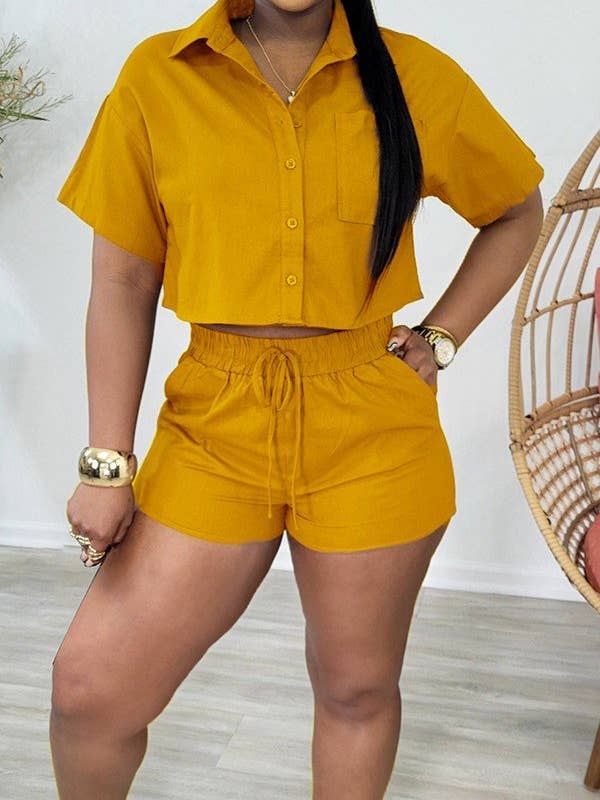 Aria Romance - Wholesale Top & Short Set (NOT Loungewear) - Women's - Casual Lapel Short-Sleeved Shirt Shorts Fashion Suit