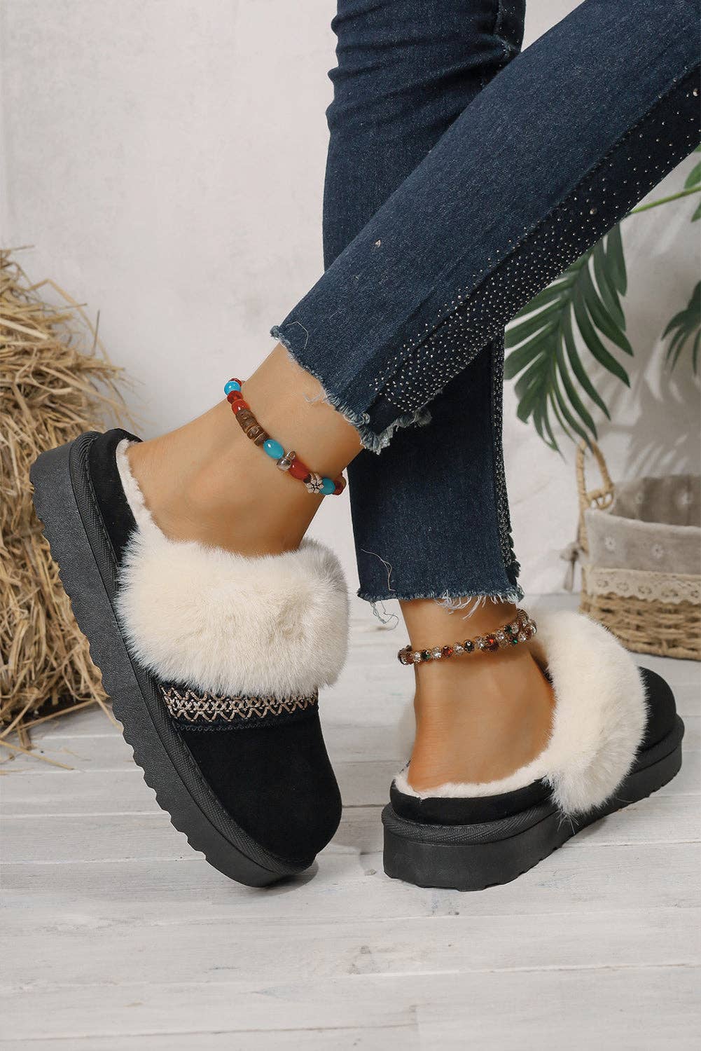 Lovesoft - Wholesale Slippers - Women's - Faux Suede Plush Trim Ethnic Mule Slippers2