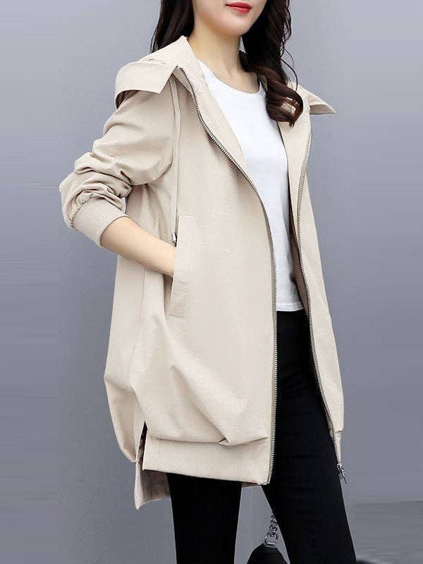 Sheer Trend - Wholesale Hoodie - Women's - Casual Loose 4 Colors Pleated Zipper Hooded Long Sleeves Outwear