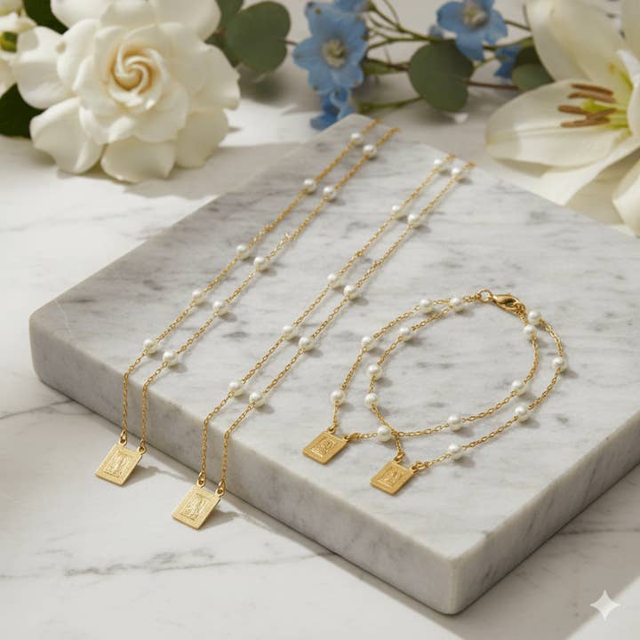 Guadalupe Gifts - Wholesale Jewelry Set - Gold-Plated Pearl Scapular Charm Necklace & Bracelet (jewelry set)1