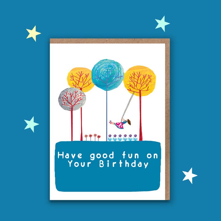 Birthday Card - Female on Swing for wholesale by Lou Mills