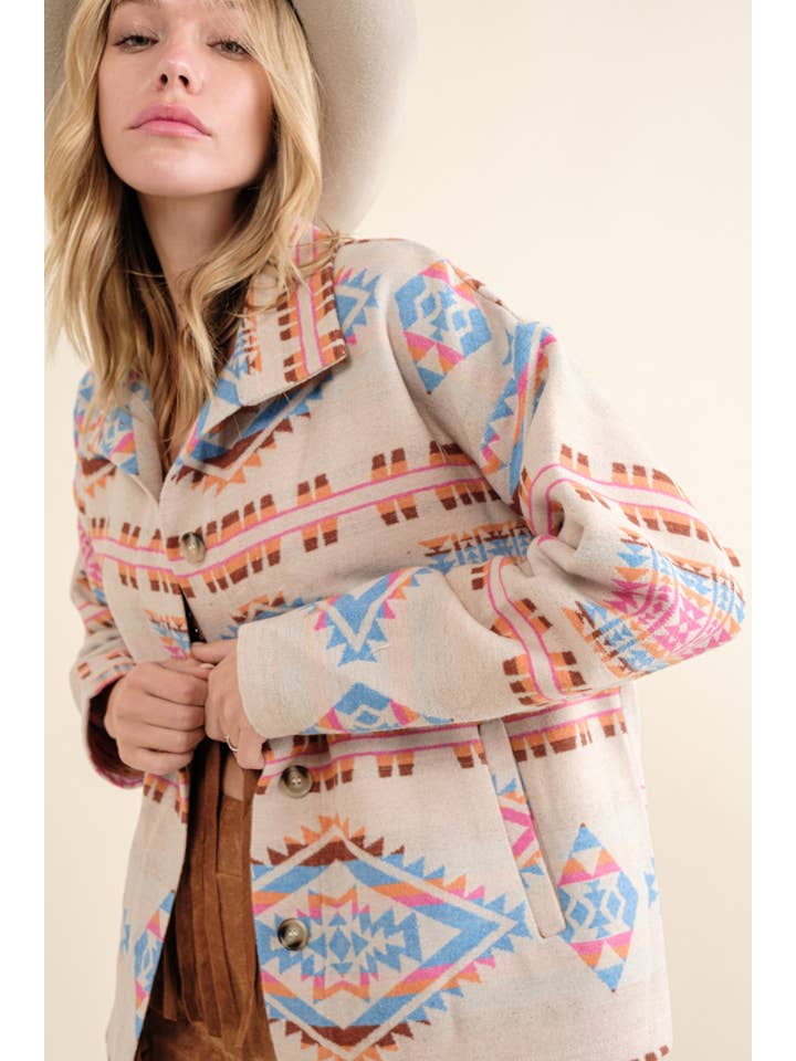 Blue B - Wholesale Shirt Jacket/Shacket - Women's - 32621J - Aztec Jacquard Mock Neck Button Up Western Jacket