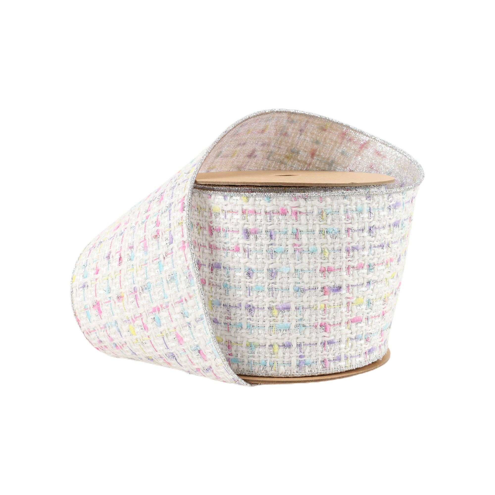 LA Ribbons Wholesale - Vendita all'ingrosso Nastri - Confezione regalo - Nastro cablato 4" | Tweed bianco con retro argento | Rotolo da 10 yard