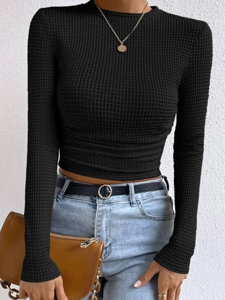 Mccolin – wholesale Stickad topp - Dam – Texturerad kort långärmad topp7