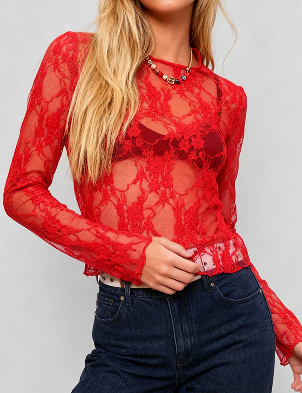 Sweetkama - Wholesale Blouse - Dames - Dames Bloemen Kant Blouse Transparante Laagjes Top SKT4101811