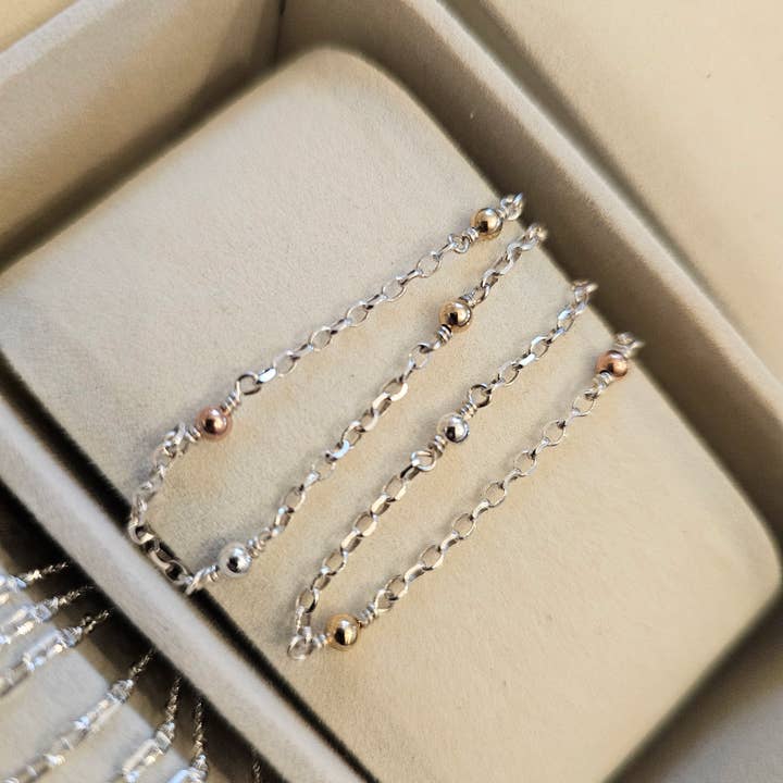 Mixed Metal Beaded chain with Gold filled, Rose GF and SS/ Chain by the foot for wholesale by Half Moon Jewelry Designs