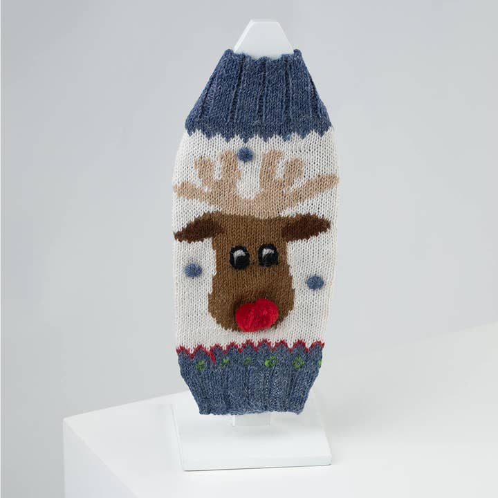 Blue Rudolph Alpaca Dog Sweater for wholesale by Alqo Wasi