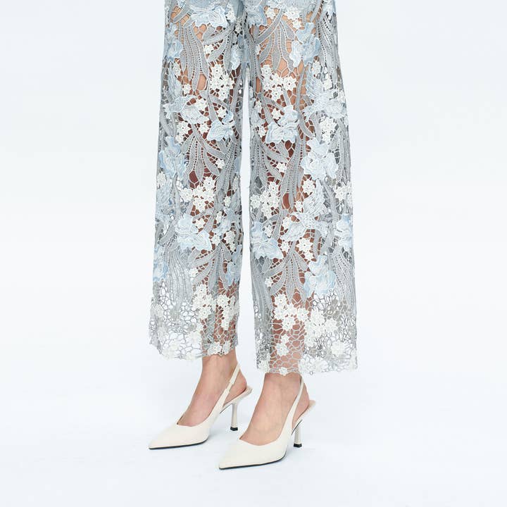 LESLEY BLUE HIGH RISE WIDE LEG JEANS WITH LACE SPLICED BYW8090 for wholesale on Faire