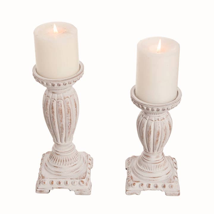 Transpac - Wholesale Candle Holder - CLOSEOUT Fall Resin White Wash Pillar Candle Holder Set 2