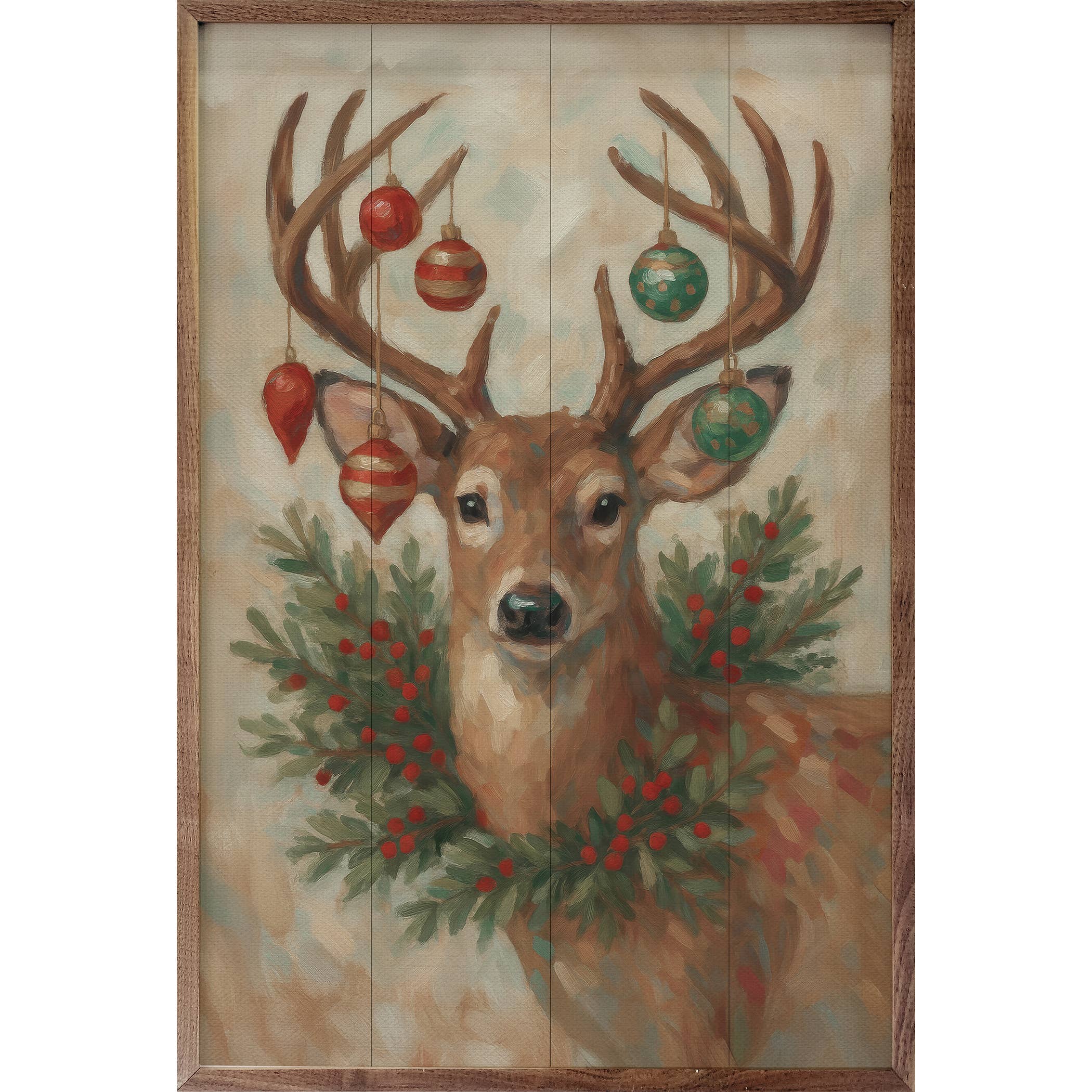 Kendrick Home - Wholesale Wood Wall Art - Christmas Whitetail Deer With Wreath0