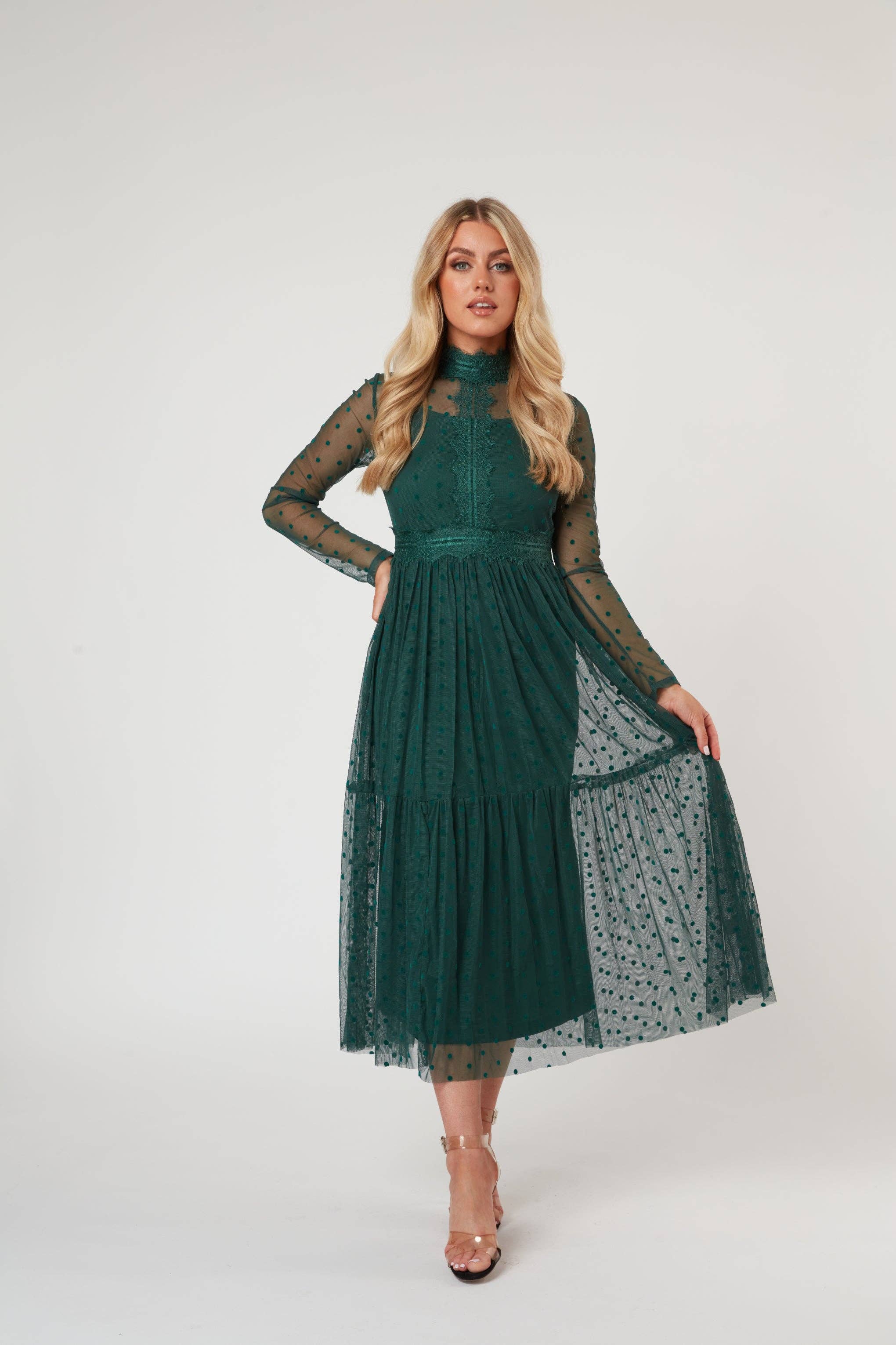 Roman Lola Polka Dot Tulle Midi Dress in Green for wholesale on Faire3