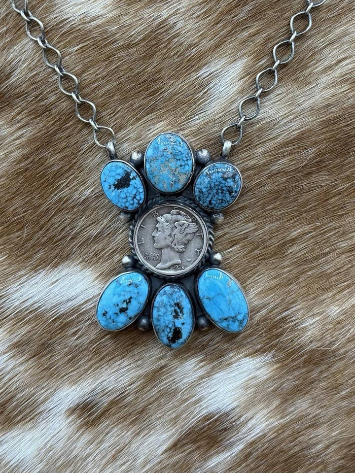 Navajo håndlavet sølv Kingman turkis Liberty Dime klynge bar halskæde 18” for engroshandel hos Native City Jewelry