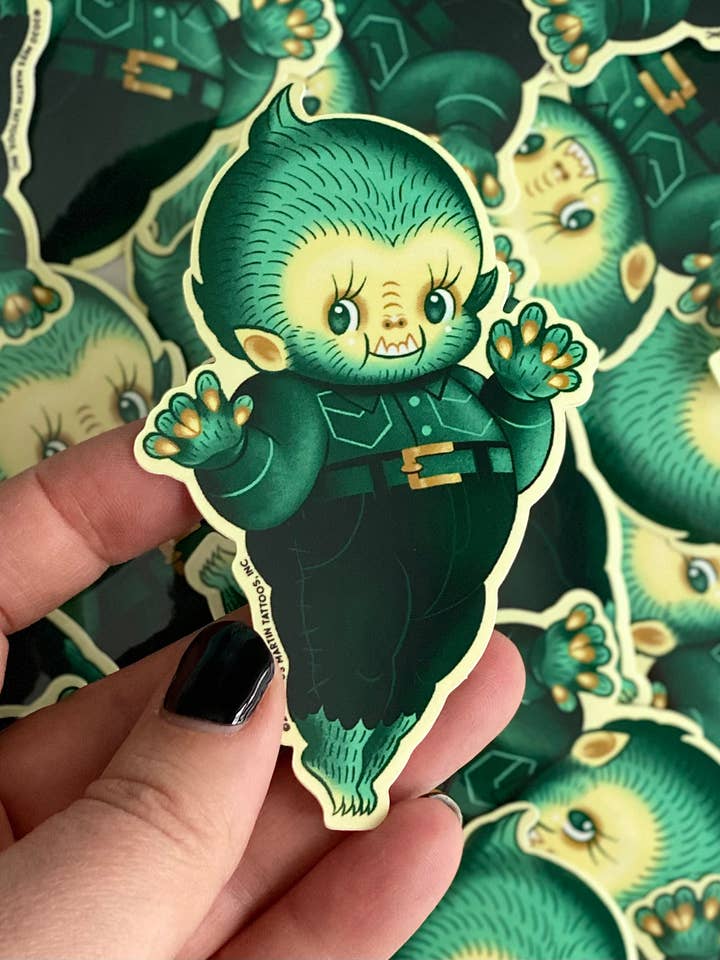 Lonni the Monster Kewpie Glow-in-the-Dark Sticker for wholesale by Stacey Martin Tattoos