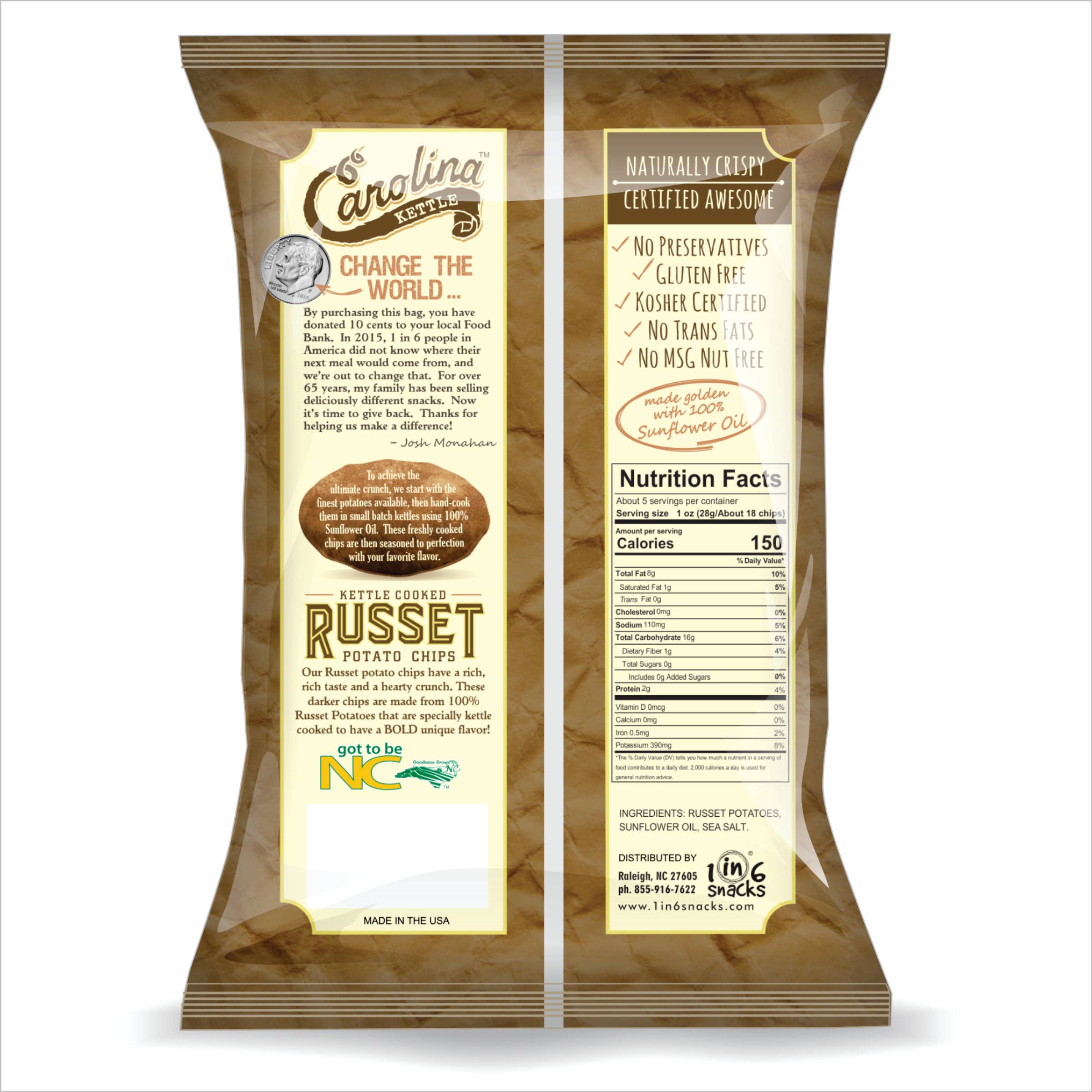 1 in 6 Snacks- Carolina Kettle chips - Wholesale Chips - Russet Carolina Kettle Chips 2 oz Case (20)1
