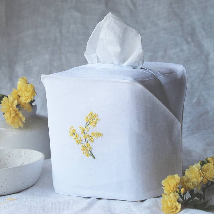 Hand Embroidered Linen Tissue Box Cover Mimosa Flower White for wholesale by Gordonsbury