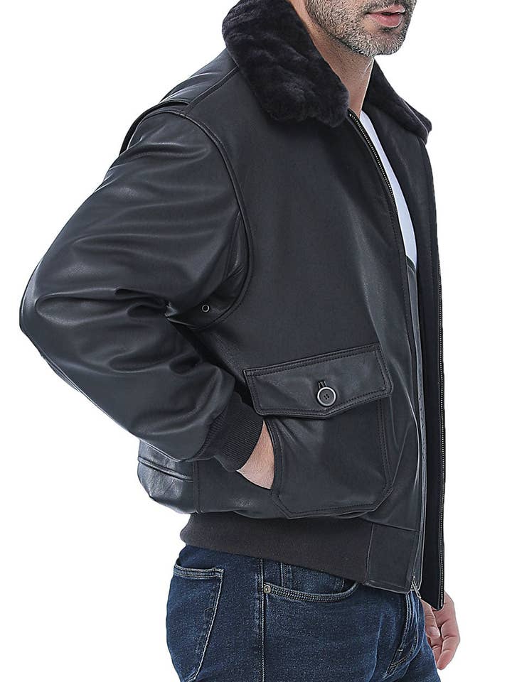 Landing Leathers Men Premium Navy G-1 Goatskin Leather Flight Bomber Jacket for wholesale by Landing Leathers