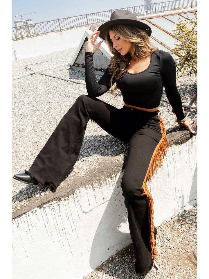 GJG Denim - Wholesale Jeans - Women's - Fringe Bell Bottom Jean in Black Denim