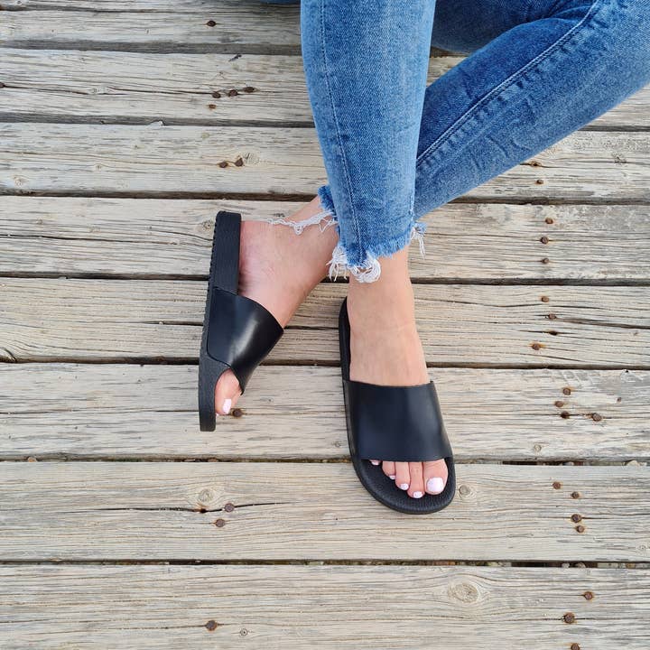 Madammeshushu - Wholesale Sandals - Women's - Black Slider sandals, Greek Leather sandals for women