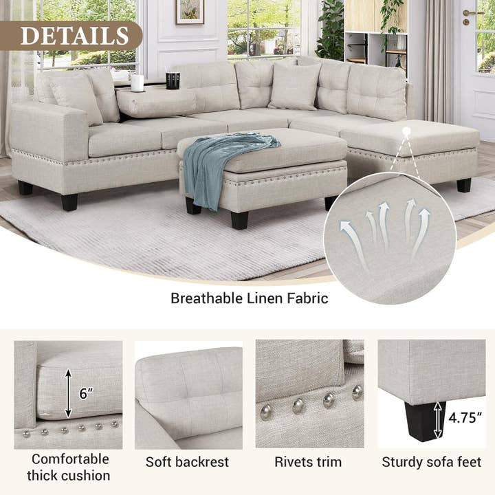 Light Gray Sectional Sofa Couch with Ottoman and Chaise for wholesale on Faire