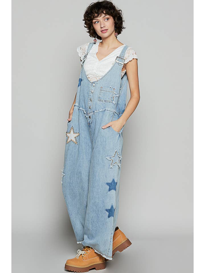 Oversized star patches denim overalls for wholesale on Faire