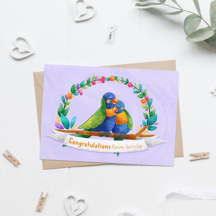 Stray Leaves - Vente Faire-part de mariage - Carte de mariage de félicitations, Love Birds, loriquet arc-en-ciel2