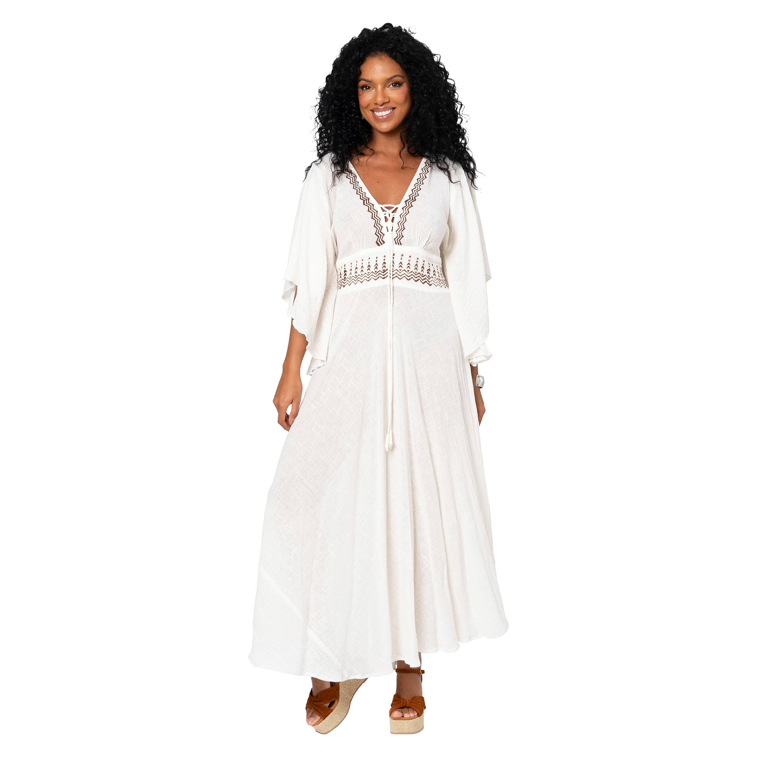 La Mano Boho – Großhandel Kleid – Damen – La Mano Boho langes Sommerkleid mit kurzen Ärmeln MBM3017B2