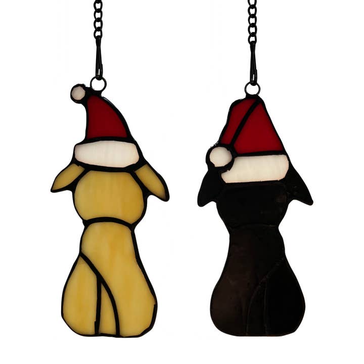 River of Goods - Wholesale Suncatcher - 5.5”H White & Black Pups in Hats Stained Glass Window Panel